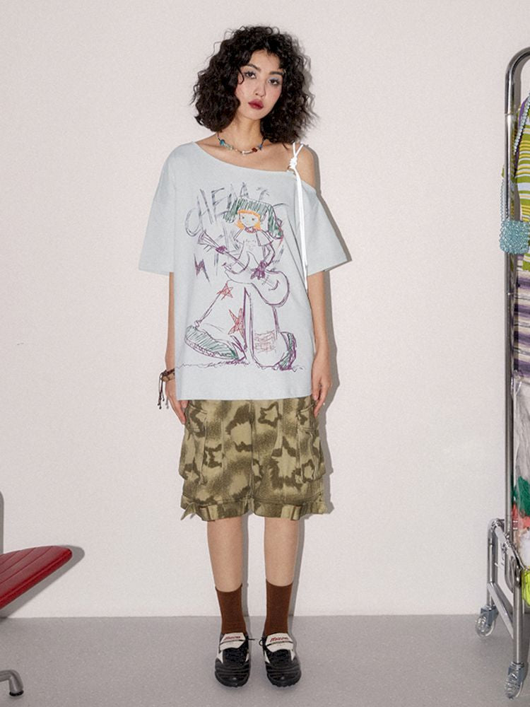 "Roll Zone Painter" Off-Shouder Short Sleeve T-Shirt [S0000008870]