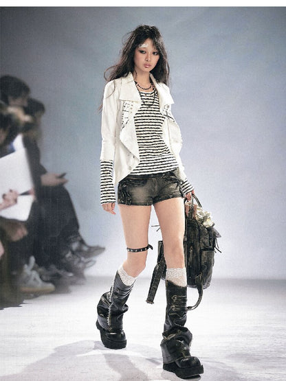 Distressed Metal Buckle Denim Shorts【s0000016285】