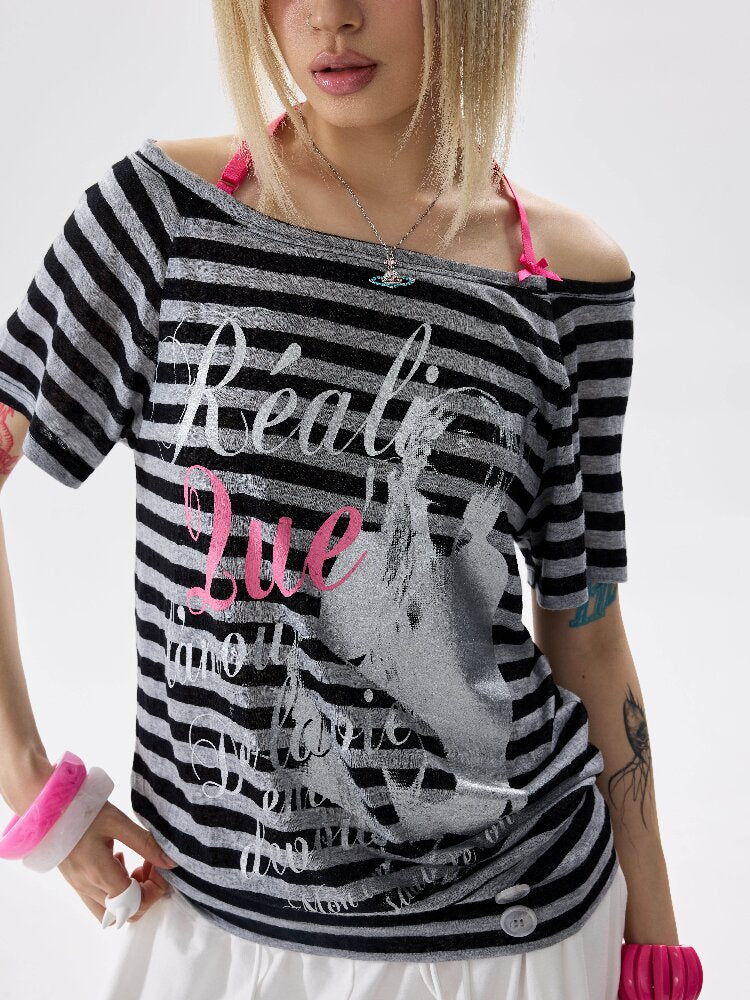 Single Shoulder Striped Halter T Shirt【s0000017640】