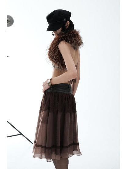 Vintage PU Leather Mesh Umbrella Skirt【s0000018474】