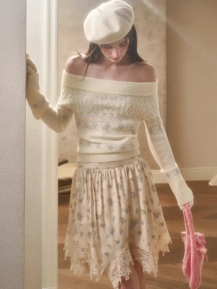 Fresh and Soft Cotton Sweater, Scarf, Floral Skirt【s0000014323】