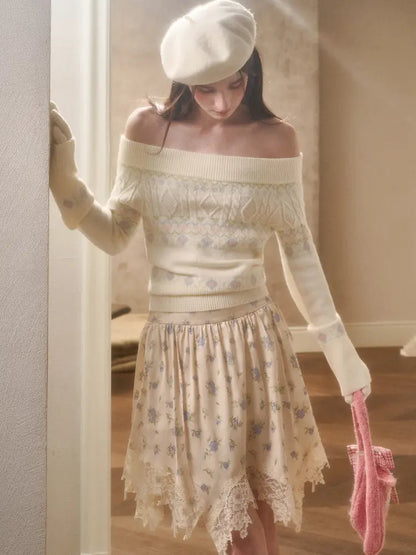 Fresh and Soft Cotton Sweater, Scarf, Floral Skirt【s0000014323】