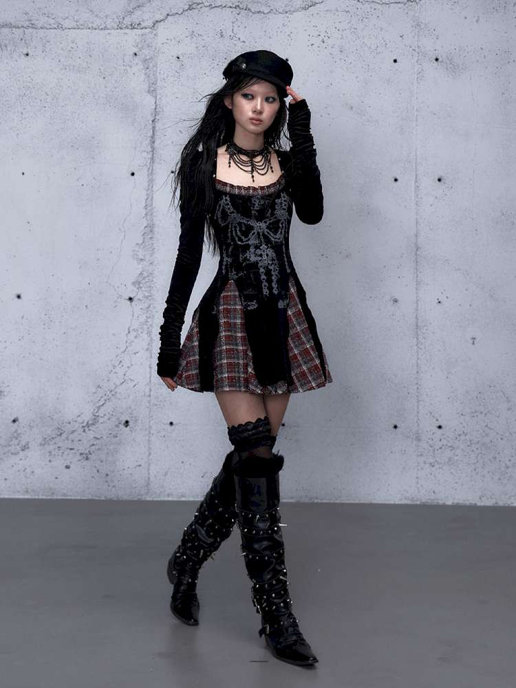 Vintage Baroque Velvet Check Dress【s0000014935】