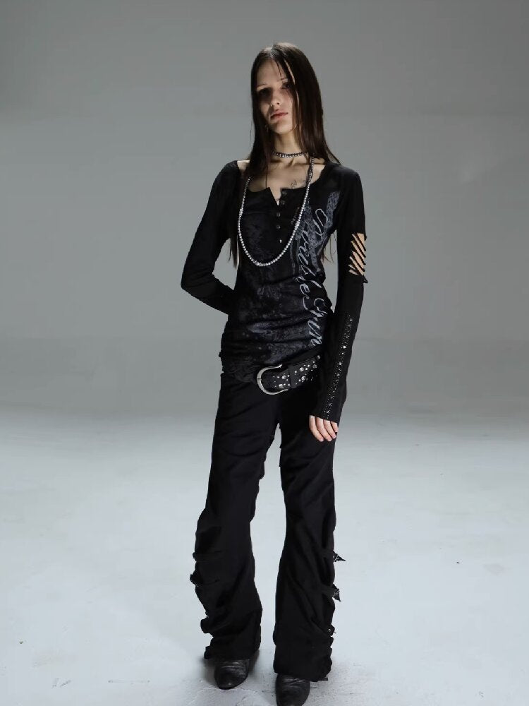 Long Sleeved Ripped Punk Print Tee【s0000015912】