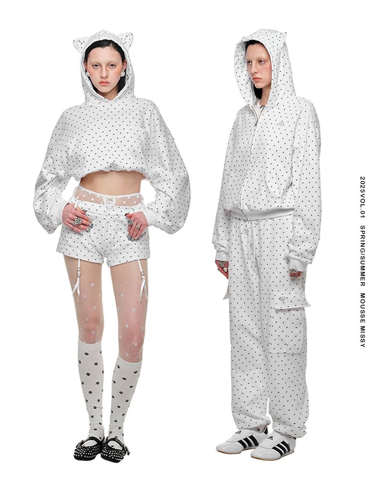 Cat's Paw Long Short Polka Dot Hooded Cardigan Sweatshirt Sweatpants Set【s0000011566】