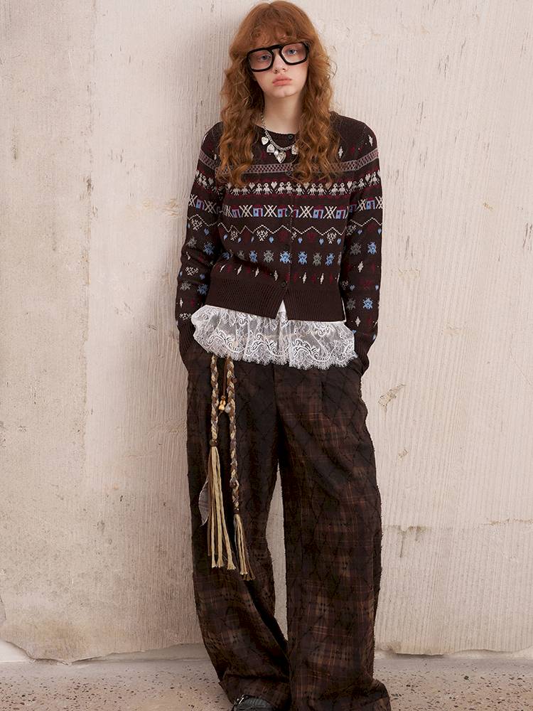 Textured straight leg loose plaid trousers【s0000014384】
