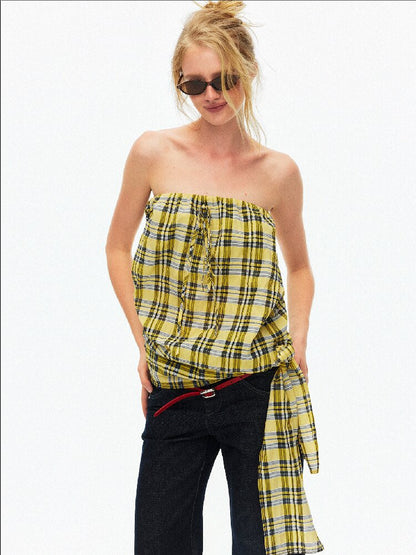 Striped Plaid Lace Up Bandeau Top【s0000015924】