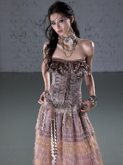 Patchwork Lace Satin Short Corset【s0000016204】