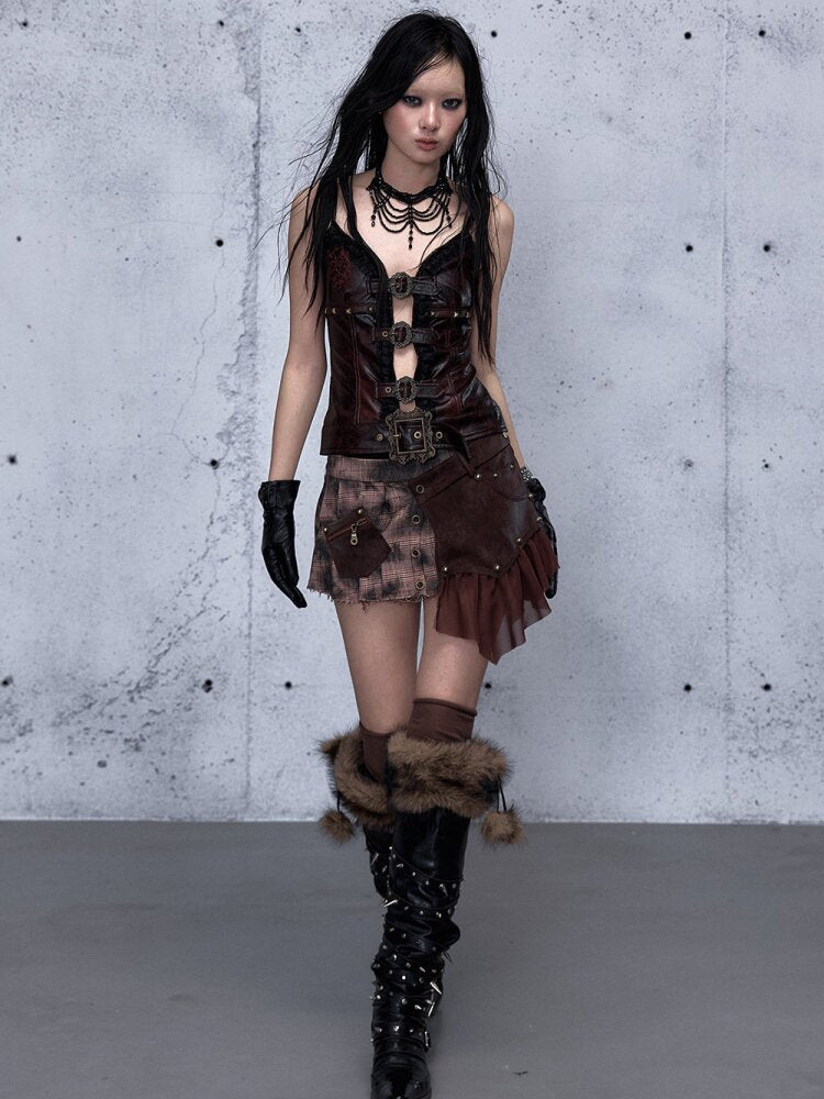 Plaid Stitching Leather Skirt【s0000015546】