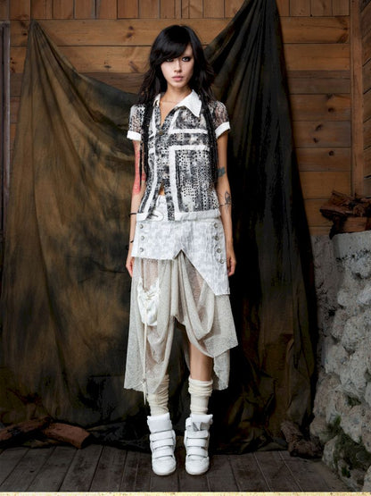 Patchwork Versatile Mesh Asymmetric Skirt【s0000013898】