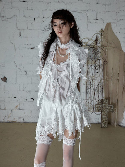 Ruffle Bead Patchwork Chiffon Shirt【s0000016981】