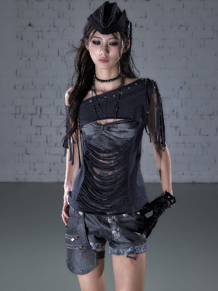 Patchwork Lace Fringe Slim T-Shirt【s0000016205】