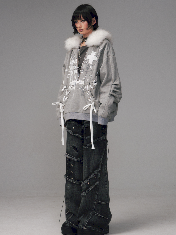 Tie-Front Printed Half-Zip Hoodie【s0000014452】