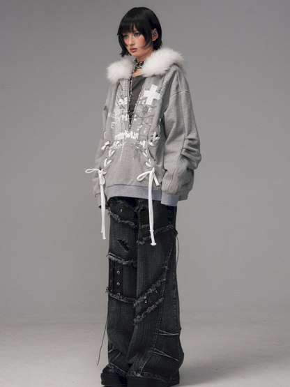 Tie-Front Printed Half-Zip Hoodie【s0000014452】