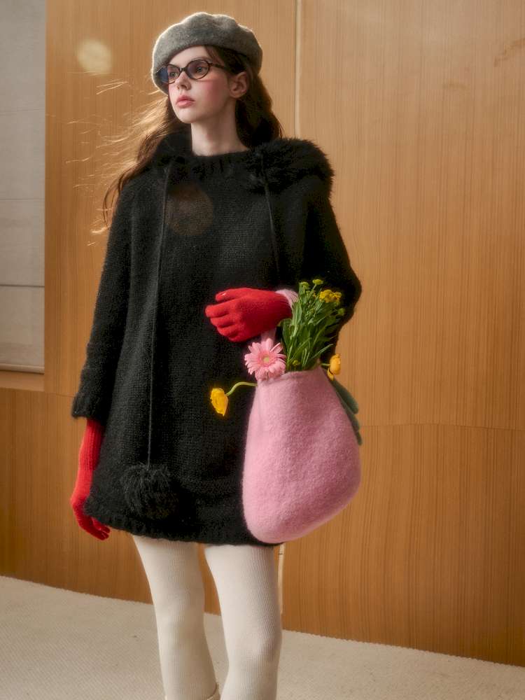 Wool Thick Hooded Fur Collar Knit Cape Skirt【s0000014890】