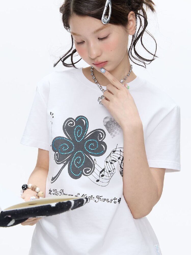 White Melody Shoulder Sleeve T-Shirt【s0000016381】