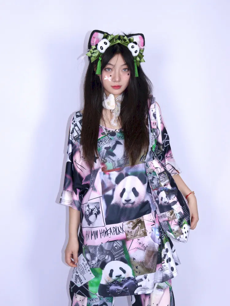 Panda Patchwork Print Off-Shoulder T-Shirt【s0000013979】