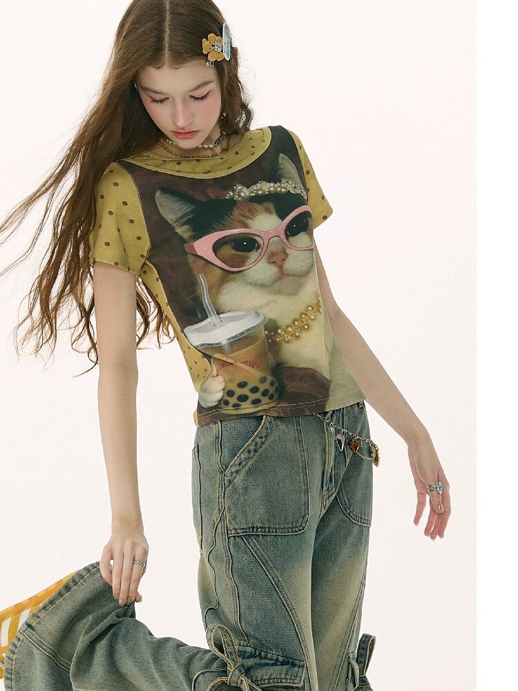 Retro Vintage Cat Print T-Shirt【s0000016855】