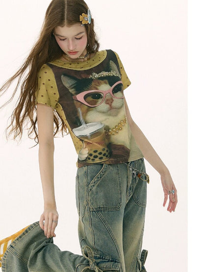 Retro Vintage Cat Print T-Shirt【s0000016855】