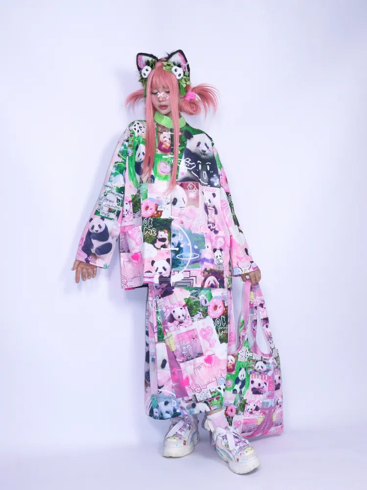 Panda Collage Print Stand Collar Long-Sleeve Top【s0000013981】