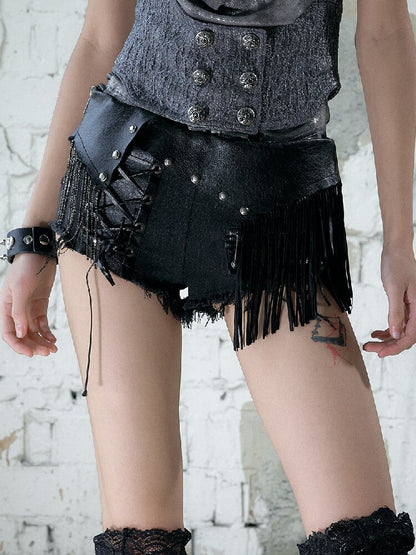 Chain Fringe Patchwork Denim Shorts【s0000016980】
