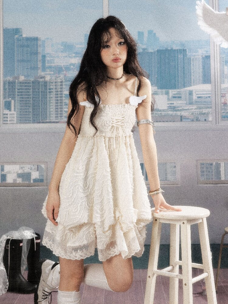 Shirred Lace White Texture Dress【s0000016278】