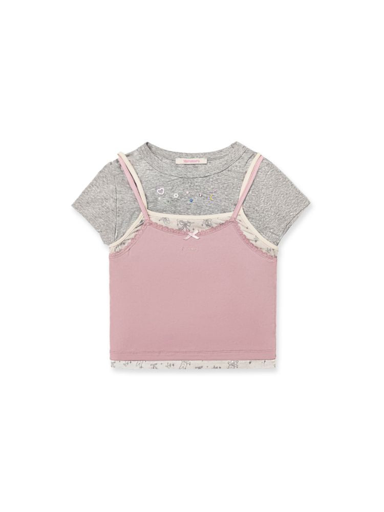 Lace satin bow short-sleeved T-shirt【s0000012504】