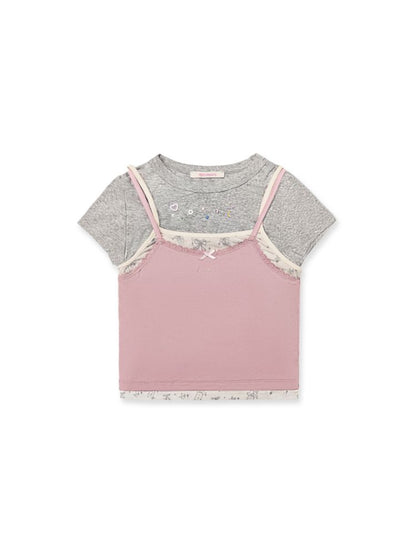 Lace satin bow short-sleeved T-shirt【s0000012504】