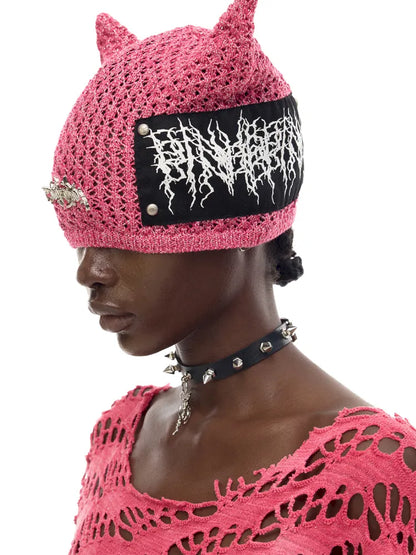 Cat-Eared Concept Little Devil Hole-Pattern Beanie【s0000014010】