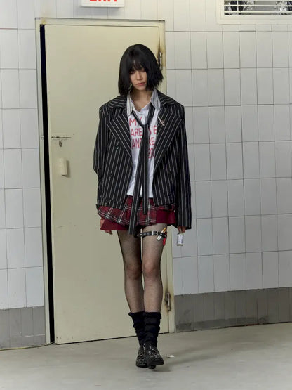 Lace-Up Striped Shorts Blazer【s0000014203】