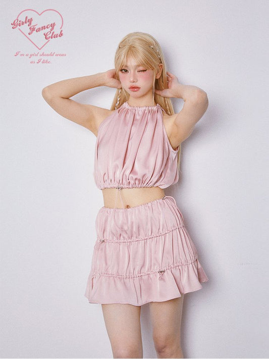 Drawstring Sleeveless Top and Half Skirt Set【s0000007866】