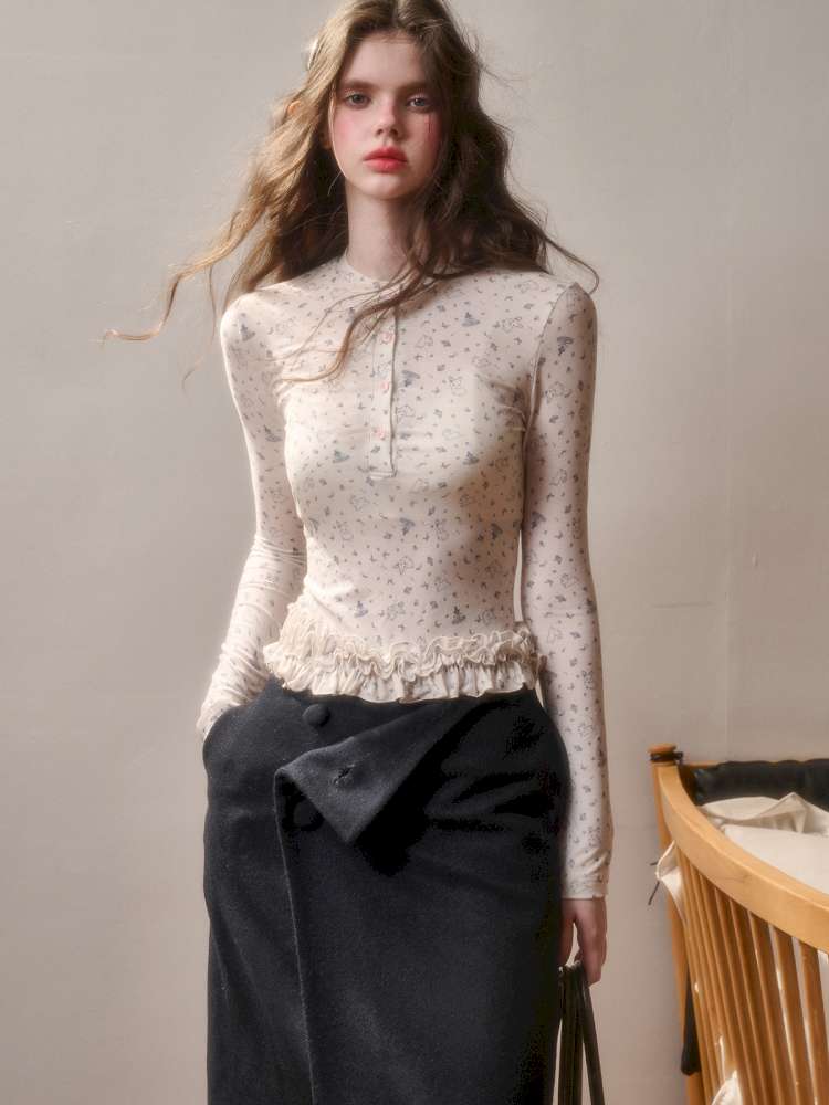 Comfortable Cotton Crew Neck Slim Lace Hem Top【s0000014895】