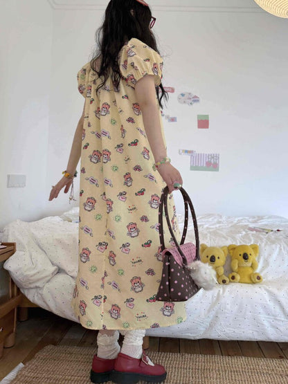Bear Print Puff Sleeve Long Dress【s0000017512】