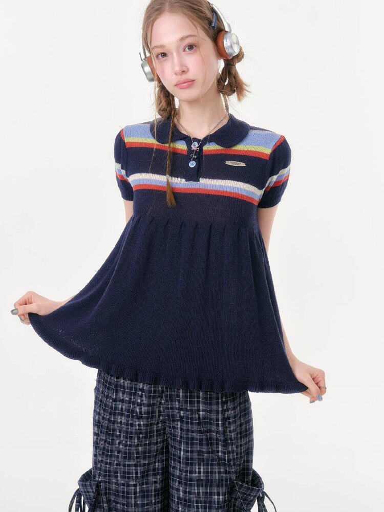 Doll Collar Knitted Slim T-Shirt【s0000016609】