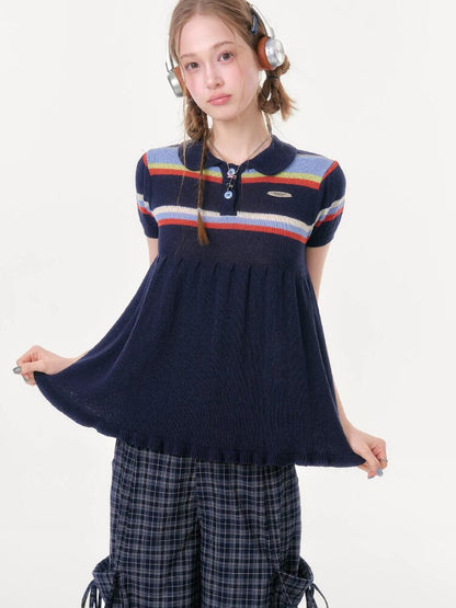 Doll Collar Knitted Slim T-Shirt【s0000016609】