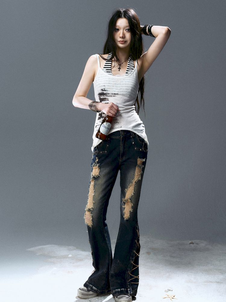 No-wash slim-fit ripped low-rise jeans【s0000012805】