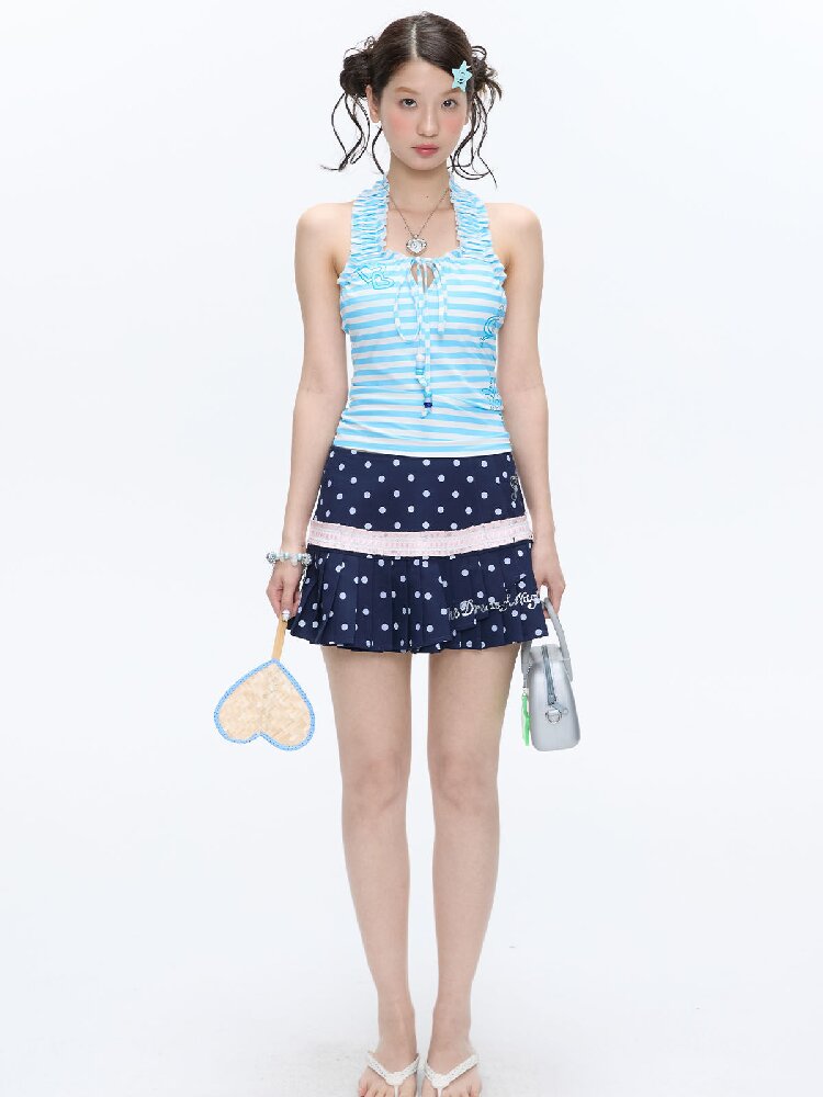Blue Striped Halterneck Swimsuit【s0000016396】