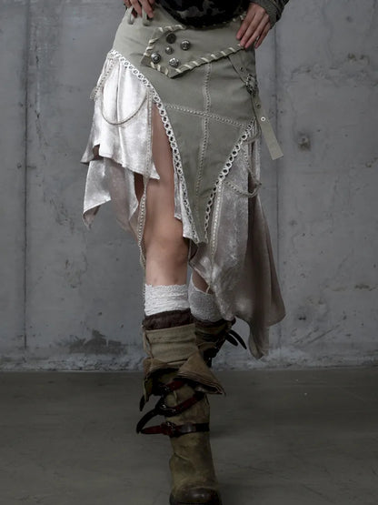 Asymmetric Leather-Satin Skirt【s0000013944】