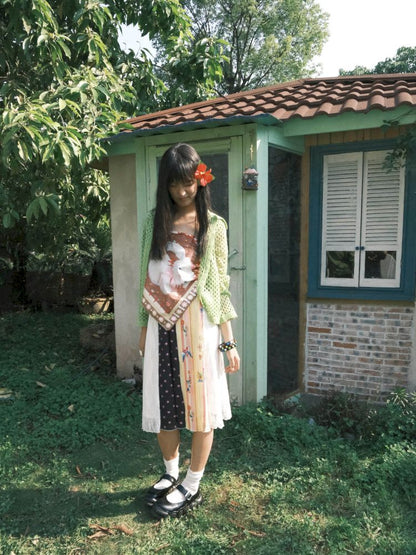 Patchwork lace print polka dot pleated skirt【s0000012769】