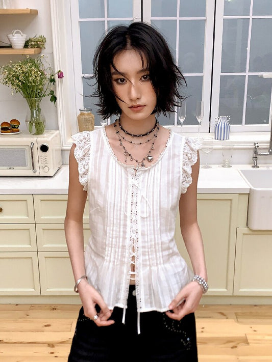 Patchwork Lace Flying Sleeve Shirt【s0000016664】