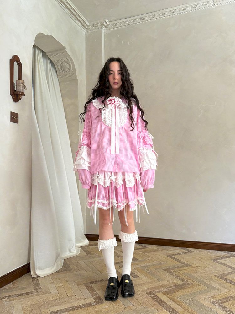 Pink checkered lace trim long-sleeved shirt【s0000012761】