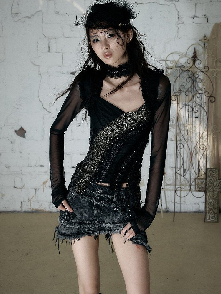 Sequin Webbing Mesh Long Sleeve Top【s0000016984】