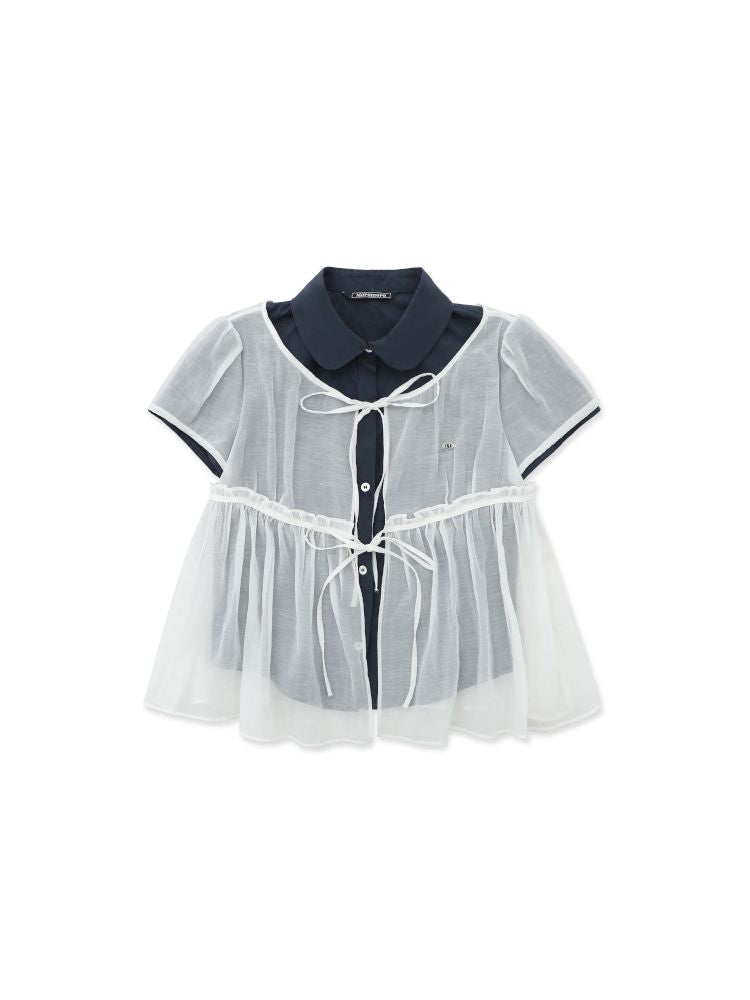 Lace Bottom Hem Slim Short Sleeve Shirt【s0000012487】