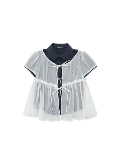 Lace Bottom Hem Slim Short Sleeve Shirt【s0000012487】