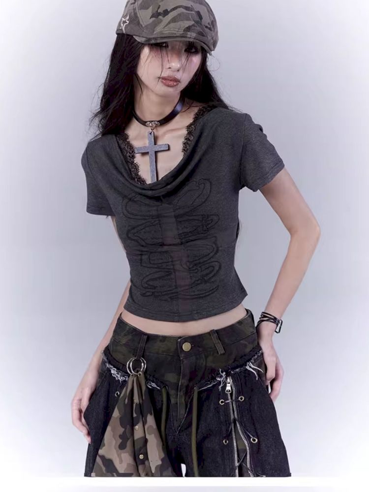 Openwork cross print lace T-shirt【s0000012847】