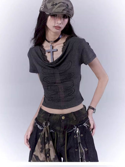 Openwork cross print lace T-shirt【s0000012847】