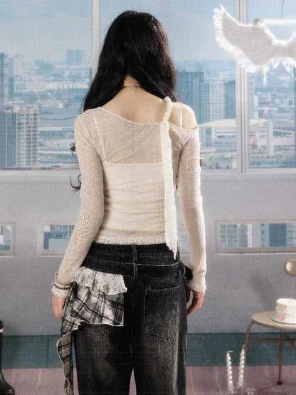 Lace Print Slanted Shoulder Tee【s0000016270】