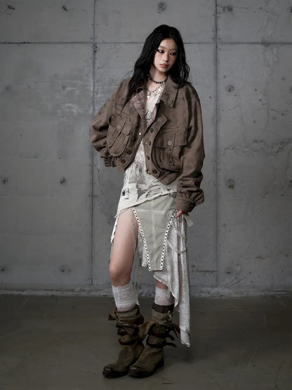 Plaid functional distressed dirty jacket【s0000014114】