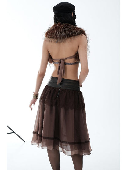 Vintage PU Leather Mesh Umbrella Skirt【s0000018474】