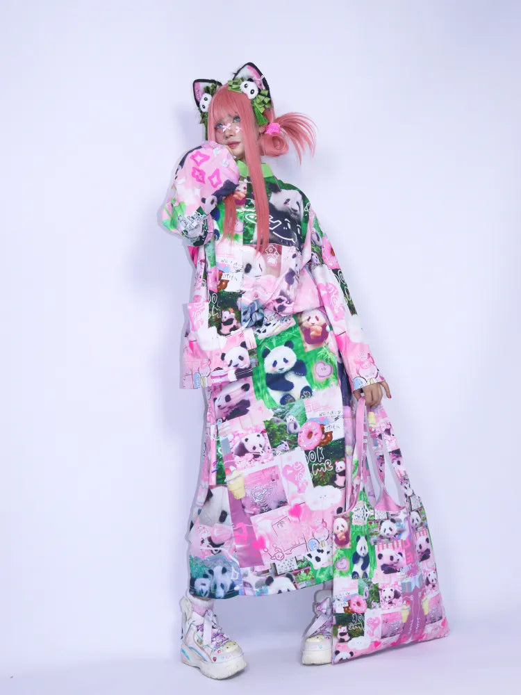 Panda Collage Print Stand Collar Long-Sleeve Top【s0000013981】